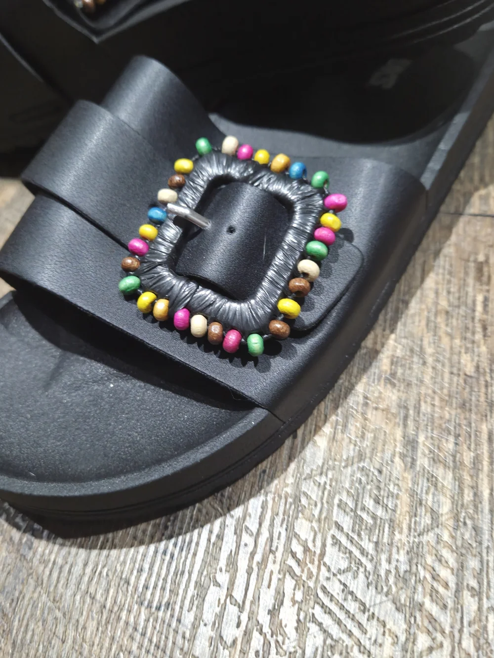 Muk Luks Black Slide Sandals with Colorful Beaded Buckle